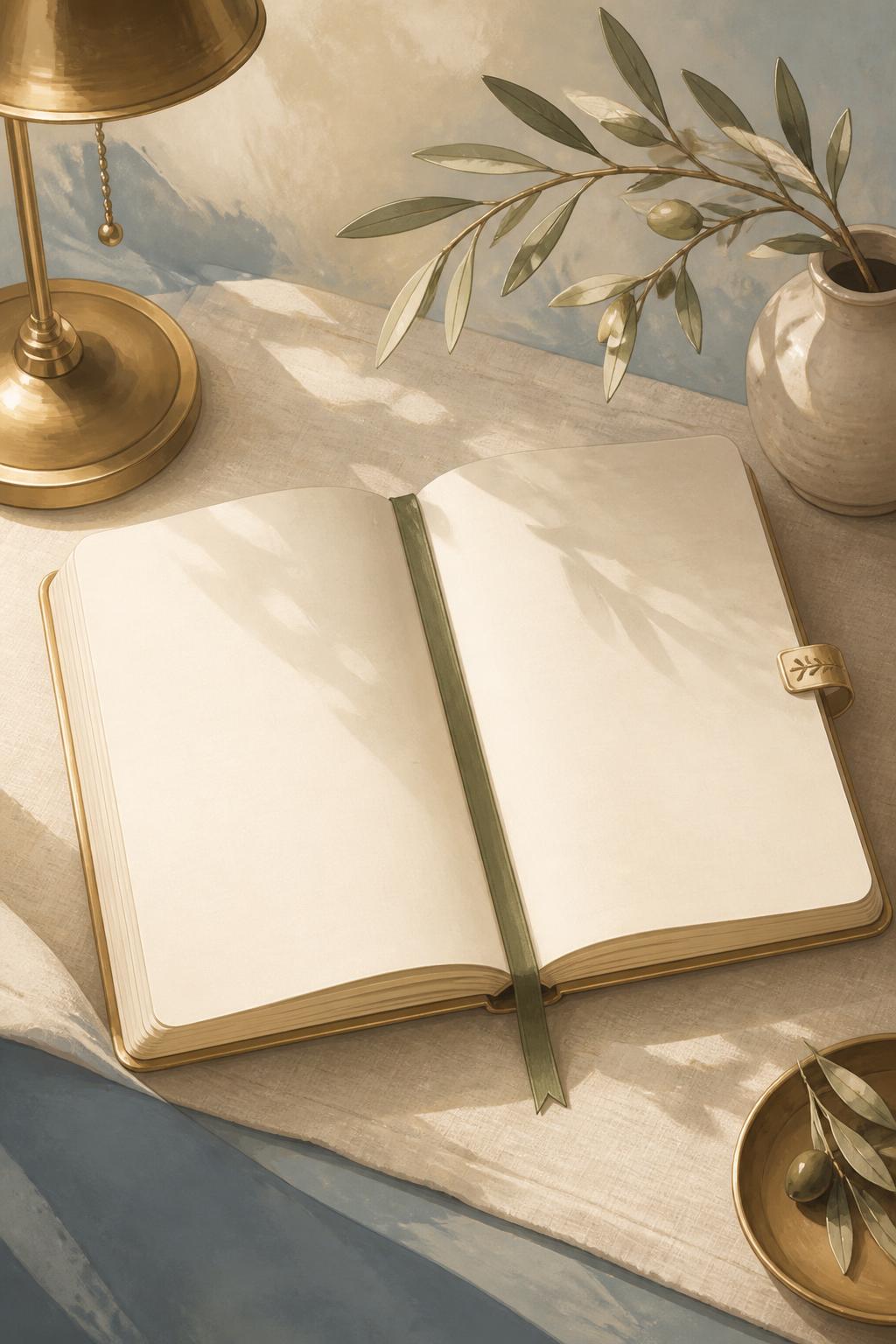 An open journal on linen with an olive branch in warm morning light